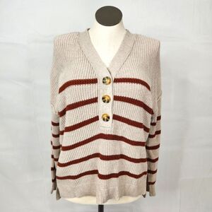 Rachel Zoe Beige Brown Striped Chunky Knit V-Neck Sweater Sz S